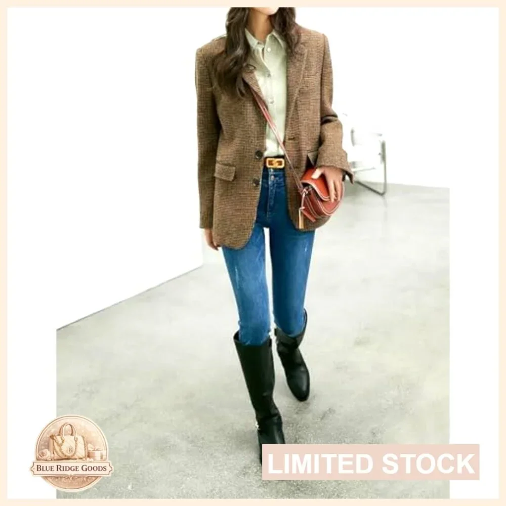 Wool Blend Blazer Classic Plaid Business Casual Work Coat Elegant Retro - Picture 3 of 7